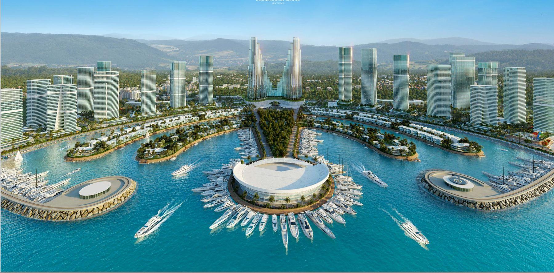 Render del progetto Ambassadori Island a Batumi: marina, torri fronte mare e ville sull'acqua